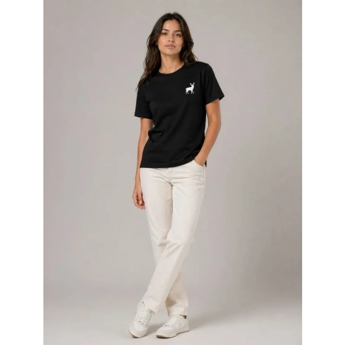 Minimal Geyik Logolu Tişört Bisiklet Yaka Kısa Kol Yazlık T-Shirt - Siyah