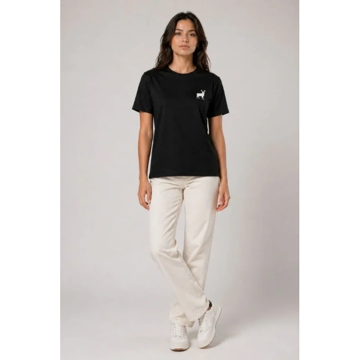 Minimal Geyik Logolu Tişört Bisiklet Yaka Kısa Kol Yazlık T-Shirt - Siyah