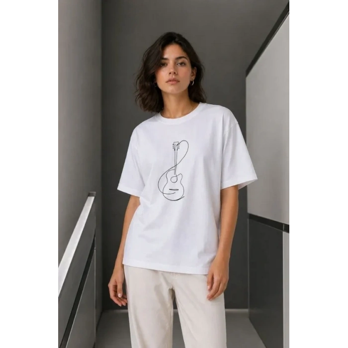 Minimal Gitar Baskılı Tişört T-Shirt Yazlık Kısa Kol Bisiklet Yaka T-Shirt  - Beyaz