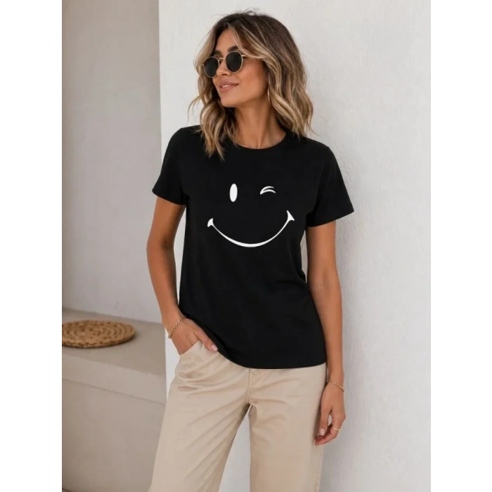 Minimal Gülümseyen Yüz Baskılı Tişört Kısa Kol Yazlık T-Shirt - Siyah