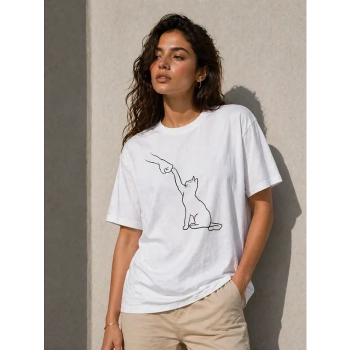 Minimal Kedi Çizim Baskılı Tişört Kısa Kol Yazlık T-Shirt - Beyaz