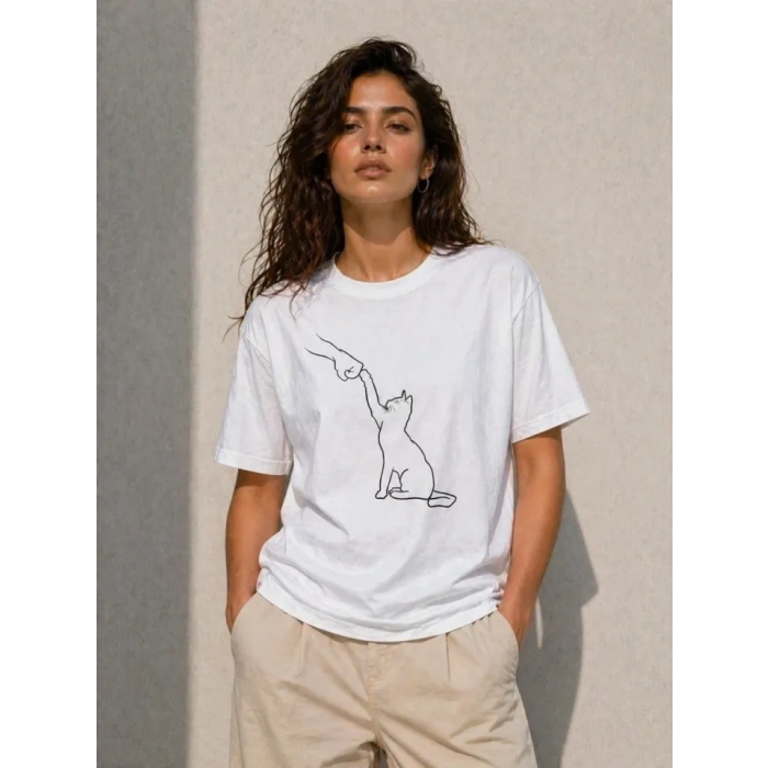 Minimal Kedi Çizim Baskılı Tişört Kısa Kol Yazlık T-Shirt - Beyaz