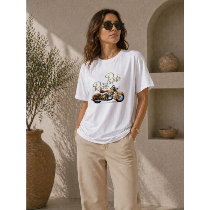 Motosiklet Baskılı Tişört Bisiklet Yaka Kısa Kol Yazlık T-Shirt - Beyaz