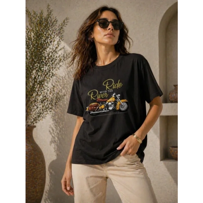 Motosiklet Baskılı Tişört Bisiklet Yaka Kısa Kol Yazlık T-Shirt - Siyah