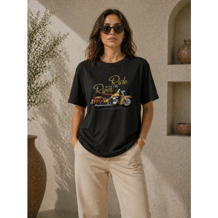 Motosiklet Baskılı Tişört Bisiklet Yaka Kısa Kol Yazlık T-Shirt - Siyah