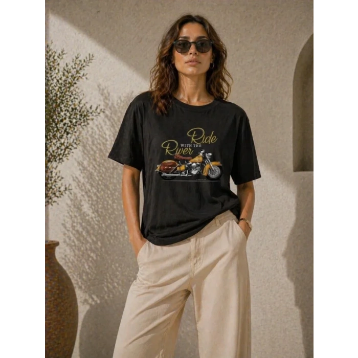 Motosiklet Baskılı Tişört Bisiklet Yaka Kısa Kol Yazlık T-Shirt - Siyah