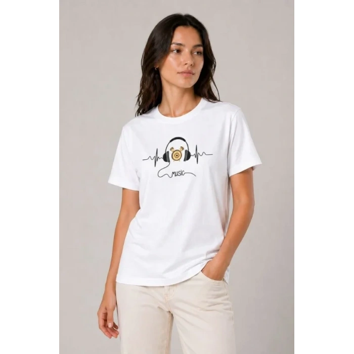 Müzik Temalı Baskılı Tişört Bisiklet Yaka Kısa Kol T-Shirt - Beyaz