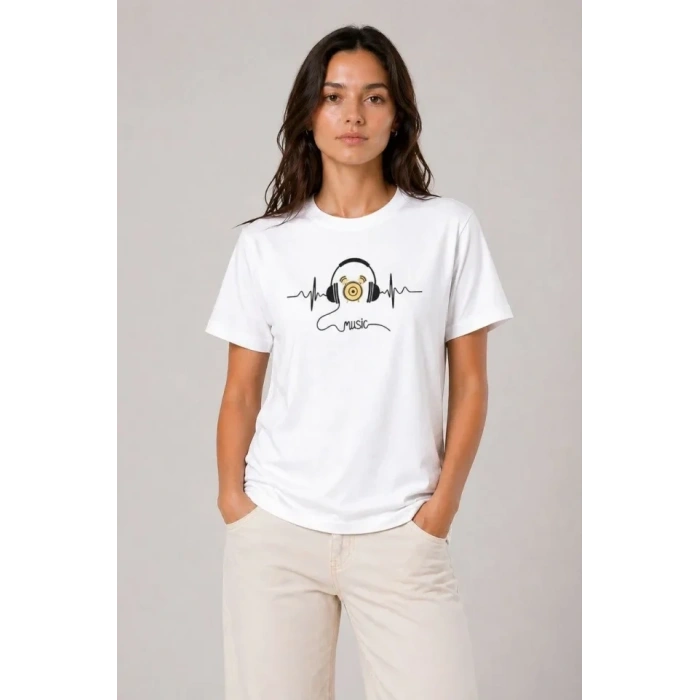 Müzik Temalı Baskılı Tişört Bisiklet Yaka Kısa Kol T-Shirt - Beyaz