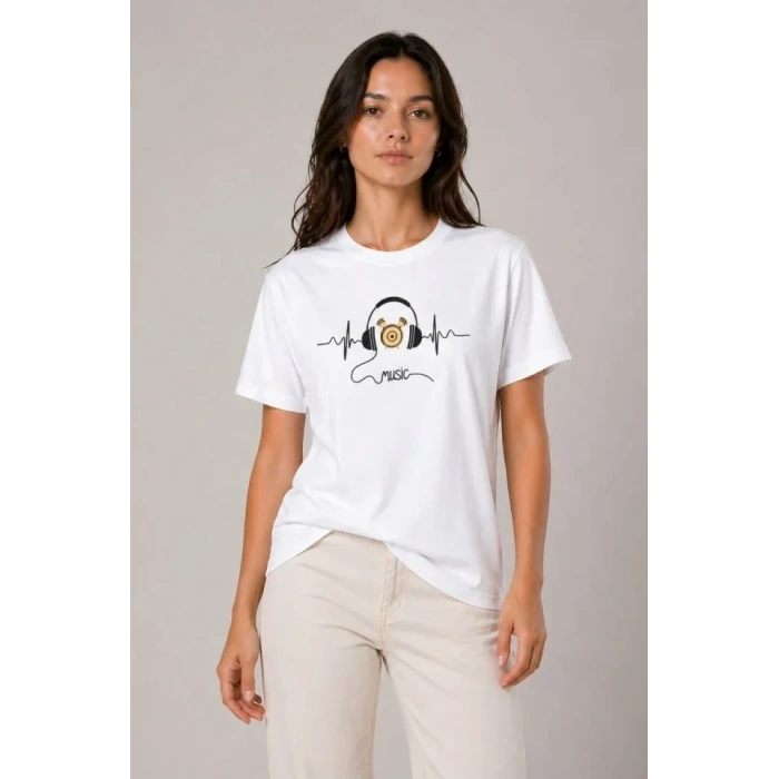 Müzik Temalı Baskılı Tişört Bisiklet Yaka Kısa Kol T-Shirt - Beyaz