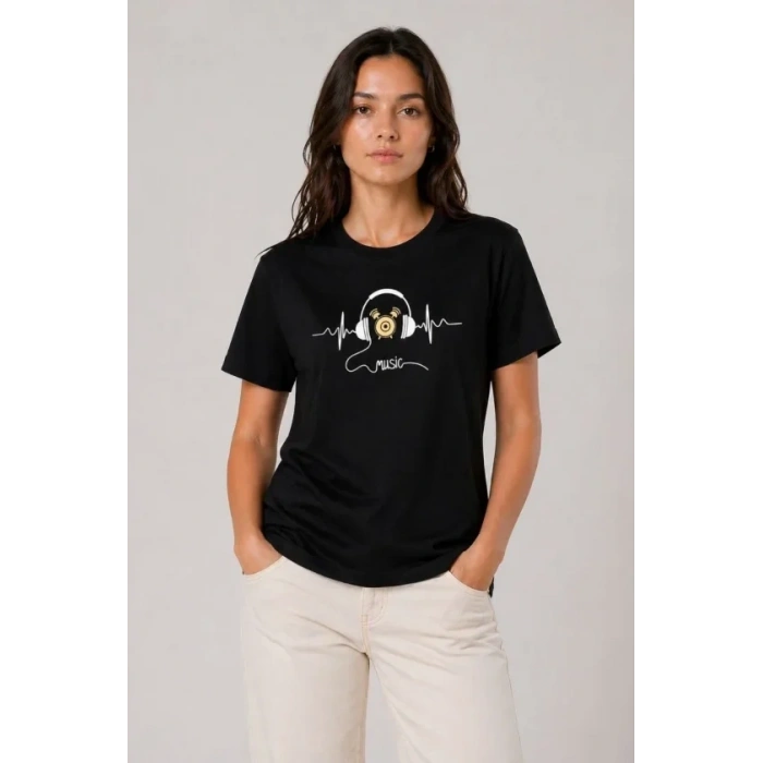 Müzik Temalı Baskılı Tişört Bisiklet Yaka Kısa Kol T-Shirt - Siyah