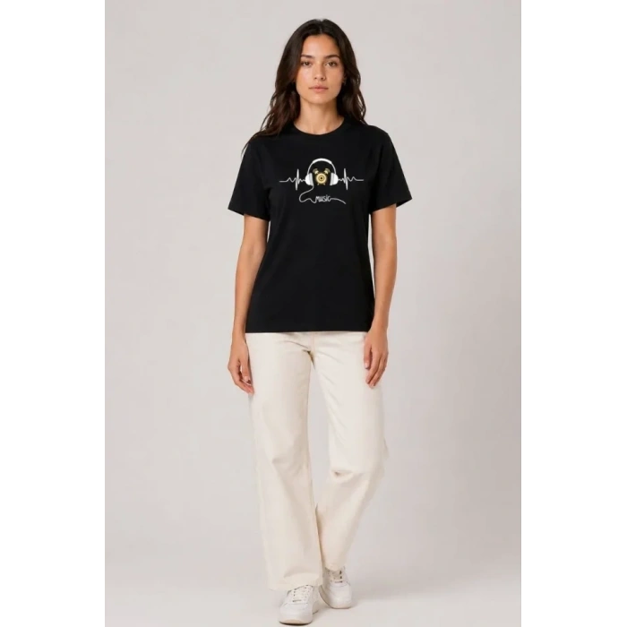 Müzik Temalı Baskılı Tişört Bisiklet Yaka Kısa Kol T-Shirt - Siyah