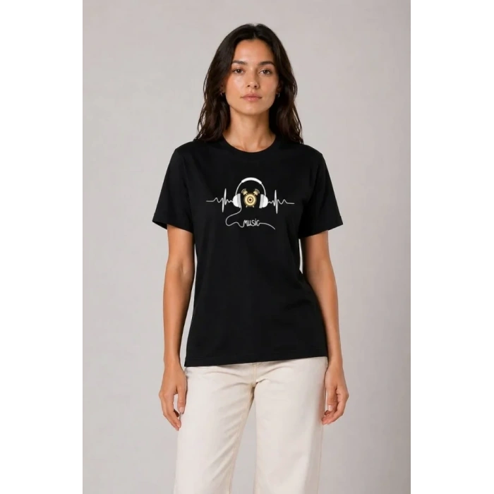 Müzik Temalı Baskılı Tişört Bisiklet Yaka Kısa Kol T-Shirt - Siyah