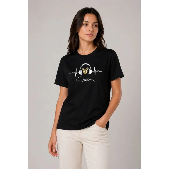 Müzik Temalı Baskılı Tişört Bisiklet Yaka Kısa Kol T-Shirt - Siyah