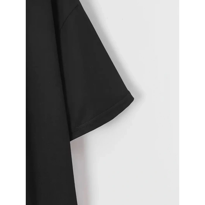 New York Baskılı Oversize Bisiklet Yaka T-shirt - Siyah