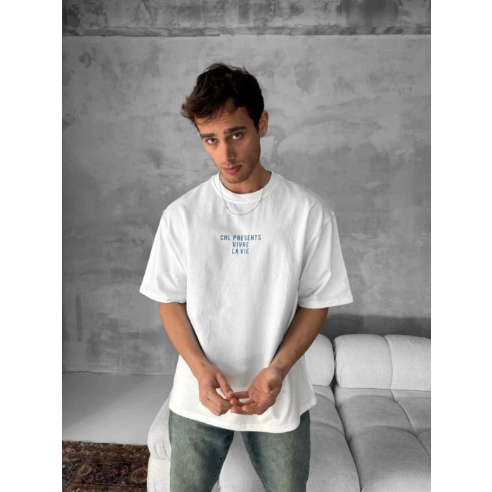 Ön Ve Arka Baskılı Oversize Bisiklet Yaka T-shirt- Beyaz