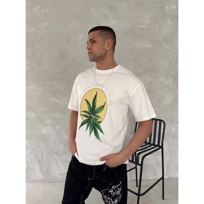 Ön Ve Arka Baskılı Oversize Bisiklet Yaka T-shirt- Beyaz