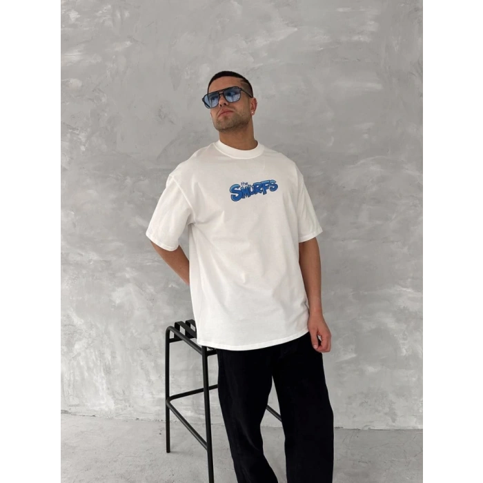Ön Ve Arka Baskılı Oversize Bisiklet Yaka T-shirt- Beyaz