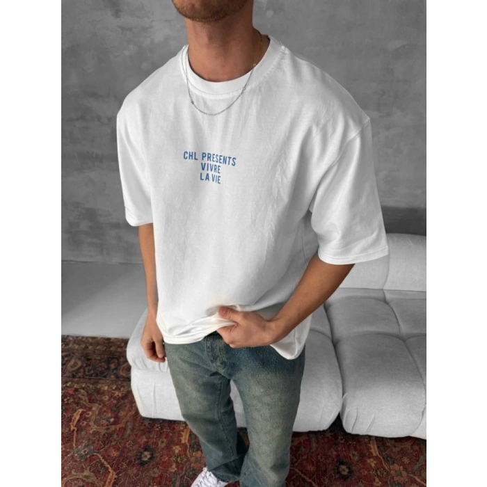 Ön Ve Arka Baskılı Oversize Bisiklet Yaka T-shirt- Beyaz
