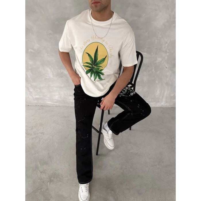 Ön Ve Arka Baskılı Oversize Bisiklet Yaka T-shirt- Beyaz