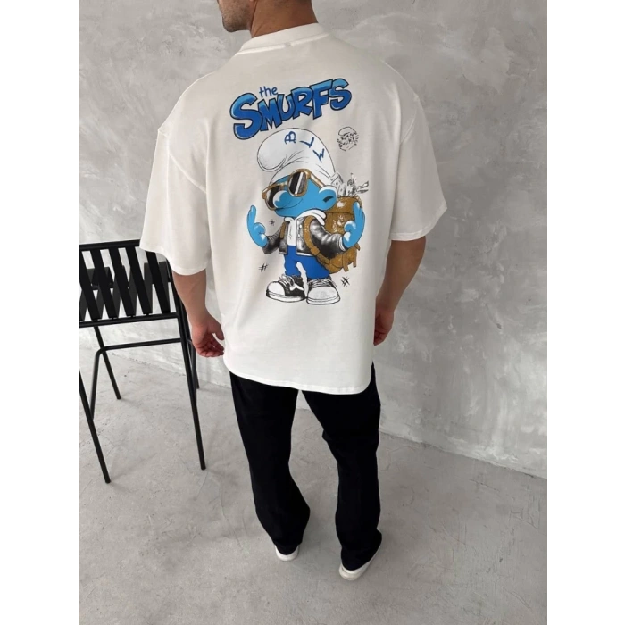 Ön Ve Arka Baskılı Oversize Bisiklet Yaka T-shirt- Beyaz
