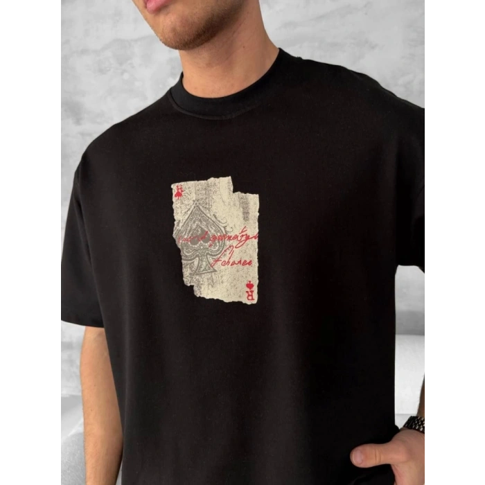 Ön Ve Arka Baskılı Oversize Bisiklet Yaka T-shirt - Siyah