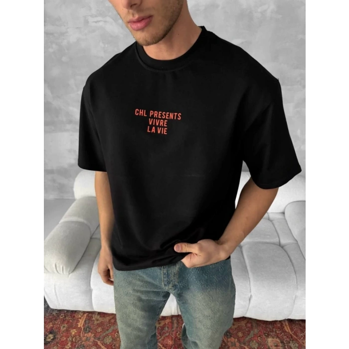 Ön Ve Arka Baskılı Oversize Bisiklet Yaka T-shirt- Siyah