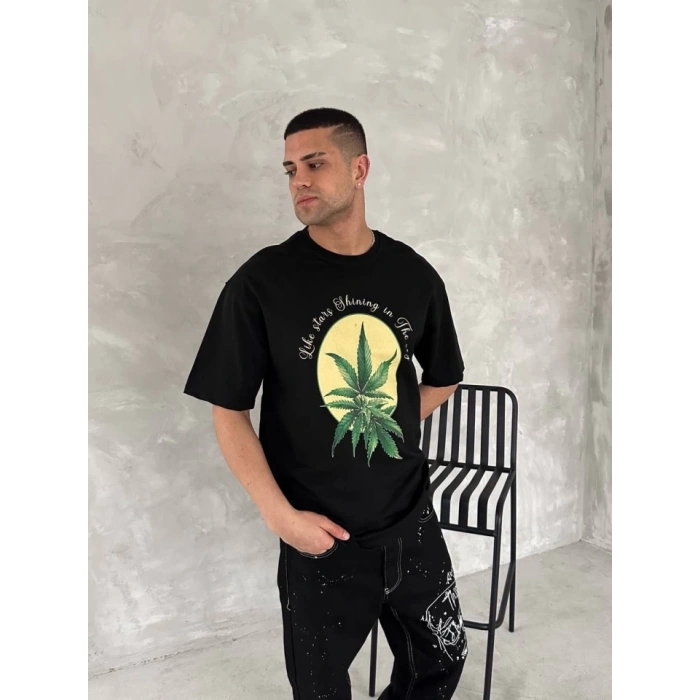 Ön Ve Arka Baskılı Oversize Bisiklet Yaka T-shirt- Siyah