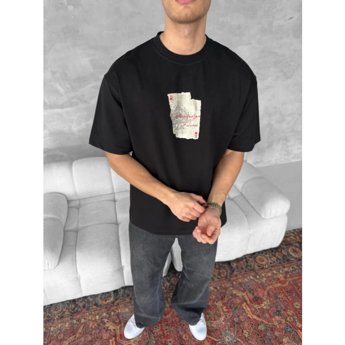Ön Ve Arka Baskılı Oversize Bisiklet Yaka T-shirt - Siyah