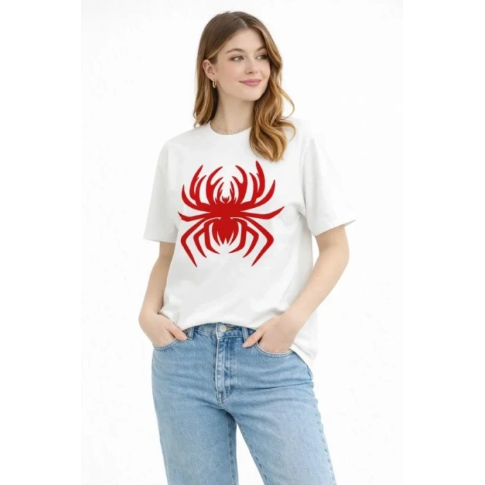 Örümcek Baskılı Tişört Kısa Kollu Bisiklet Yaka T-Shirt - Beyaz