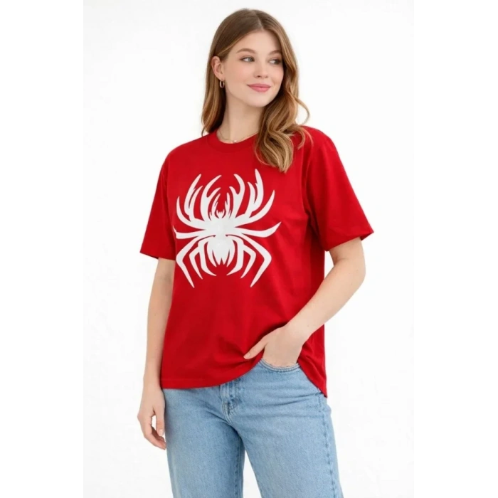 Örümcek Baskılı Tişört Kısa Kollu Bisiklet Yaka T-Shirt - Kırmızı