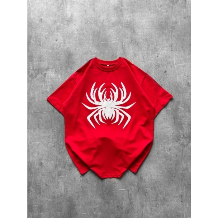 Örümcek Baskılı Tişört Kısa Kollu Bisiklet Yaka T-Shirt - Kırmızı