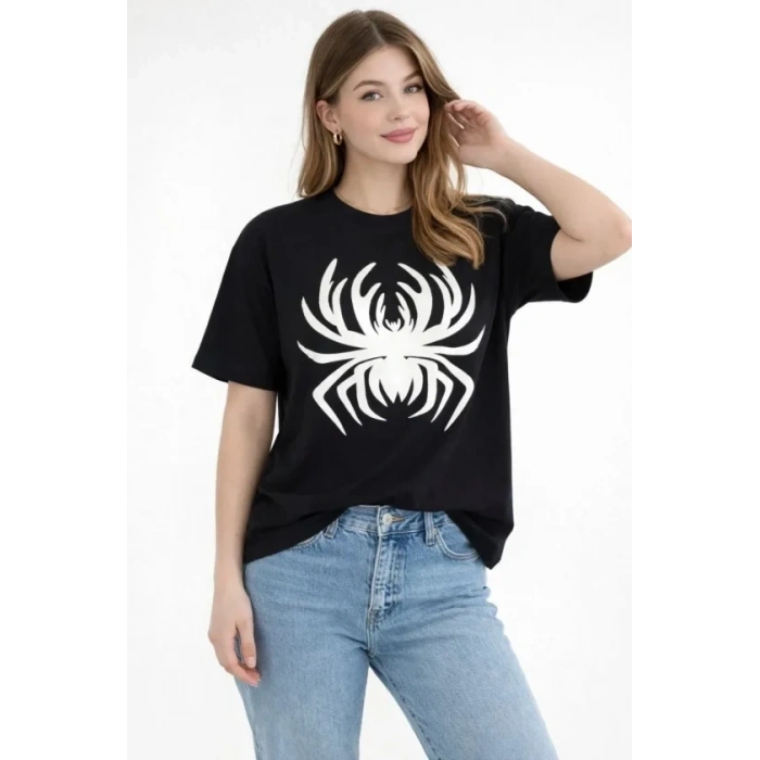Örümcek Baskılı Tişört Kısa Kollu Bisiklet Yaka T-Shirt - Siyah