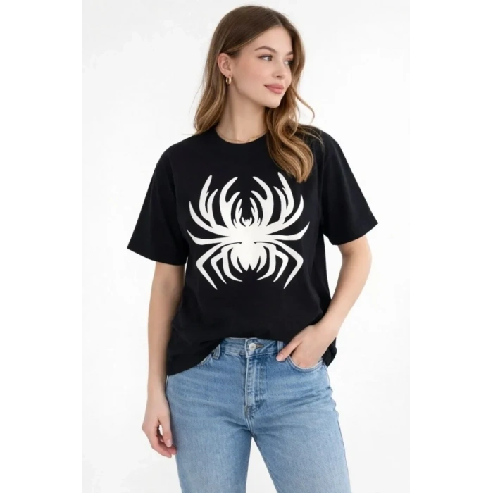 Örümcek Baskılı Tişört Kısa Kollu Bisiklet Yaka T-Shirt - Siyah