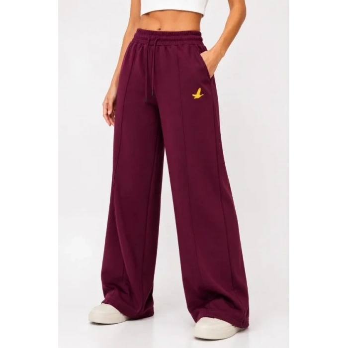 Osy Modal Yumuşak Dokulu Cima Dikişli Nakışlı Cepli Oversize Bol Paça Eşofman Altı - Bordo