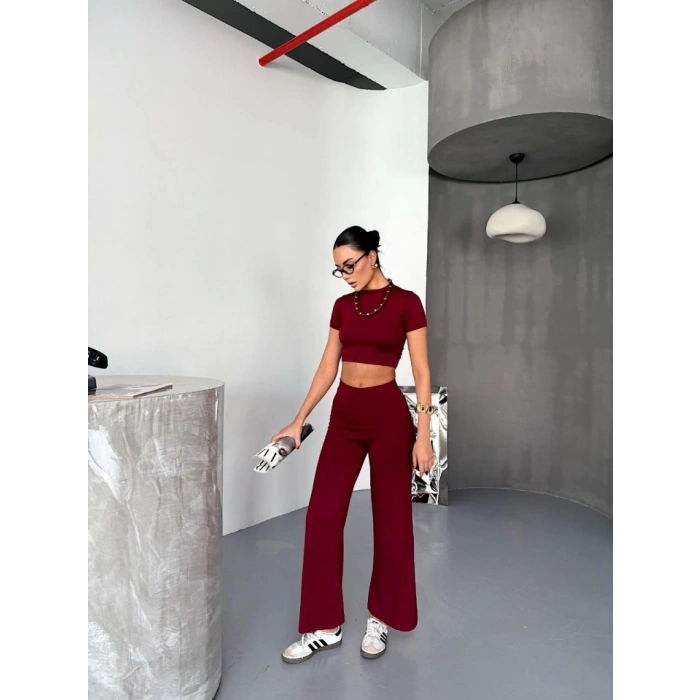 Osy Modal Yumuşak Dokulu Kumaş Kısa Kollu Crop Alt Ispanyol Paça Pantalon Ikili Takım - Bordo