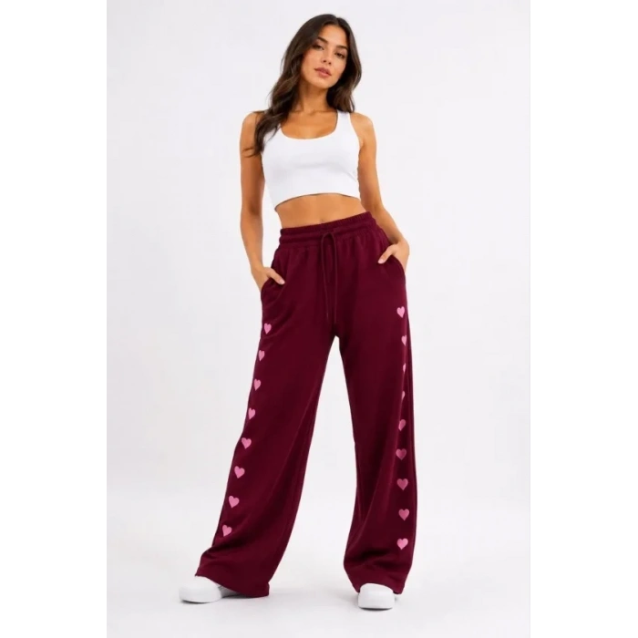 Osy Modal Yumuşak Dokulu Nakışlı Cepli Oversize Bol Paça Eşofman Altı - Bordo
