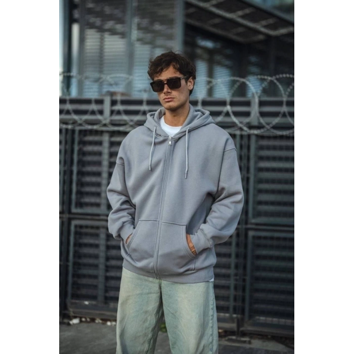 Oversize Tam Fermuarlı Uzun Kol Hırka - Gri