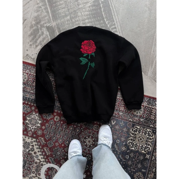 Oversize Üç İplik Bisiklet Yaka Baskılı SweatShirt - Siyah