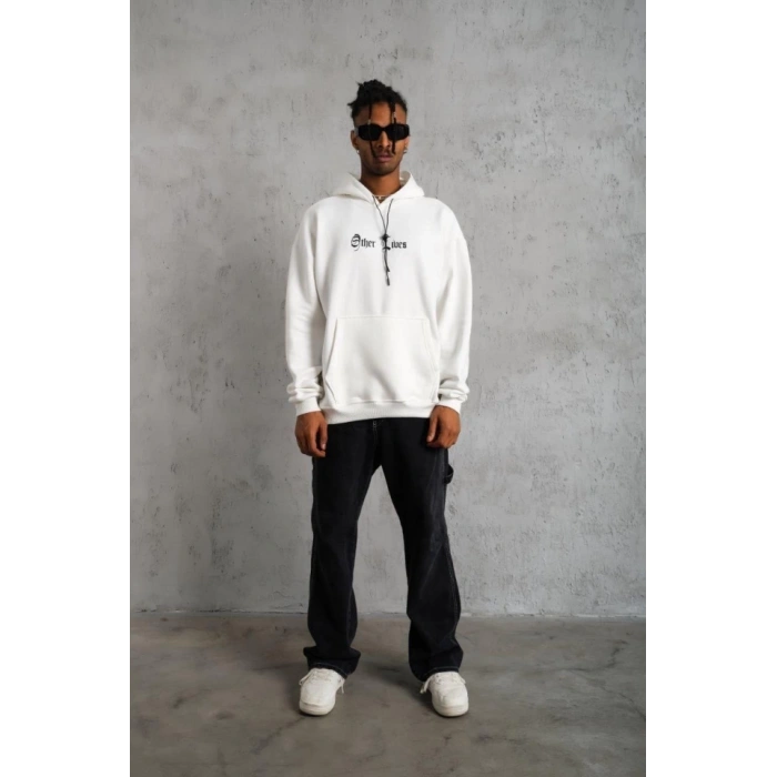 Oversize Üç İplik Şardonlu Kapüşonlu Sweatshirt – Beyaz “Other Lives” Ön Ve Arka Baskılı, Kanguru Cepli, Ribanalı Rahat Kışlık Model Beyaz