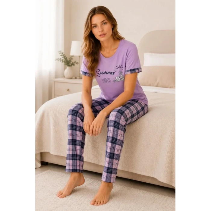 Pamuklu Penye Summer Baskılı Kısa Kollu Pijama Takımı Bisiklet Yaka Ekose Desenli - Lila