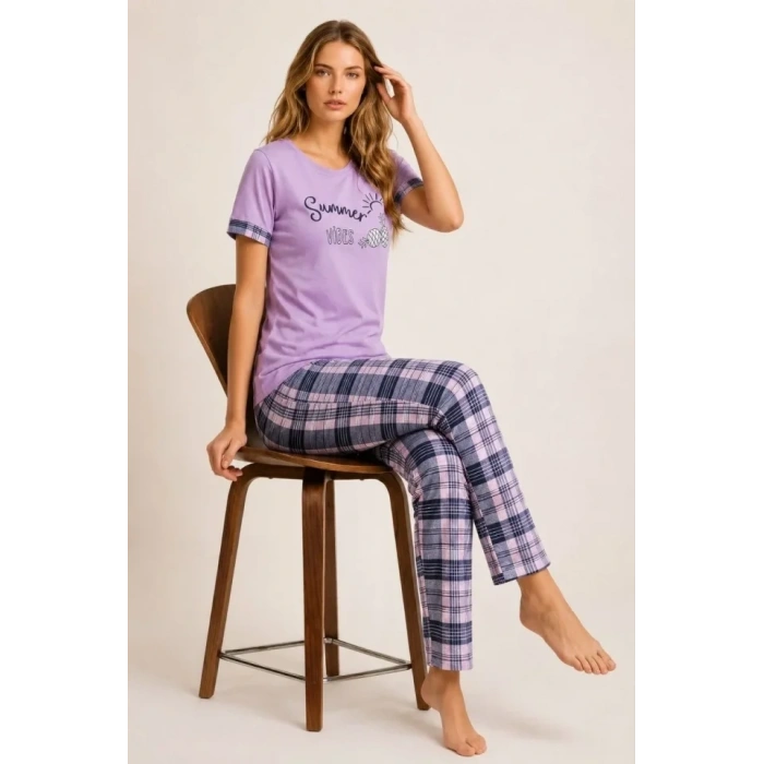 Pamuklu Penye Summer Baskılı Kısa Kollu Pijama Takımı Bisiklet Yaka Ekose Desenli - Lila