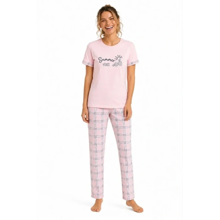 Pamuklu Penye Summer Baskılı Kısa Kollu Pijama Takımı Ekose Desenli - Pembe