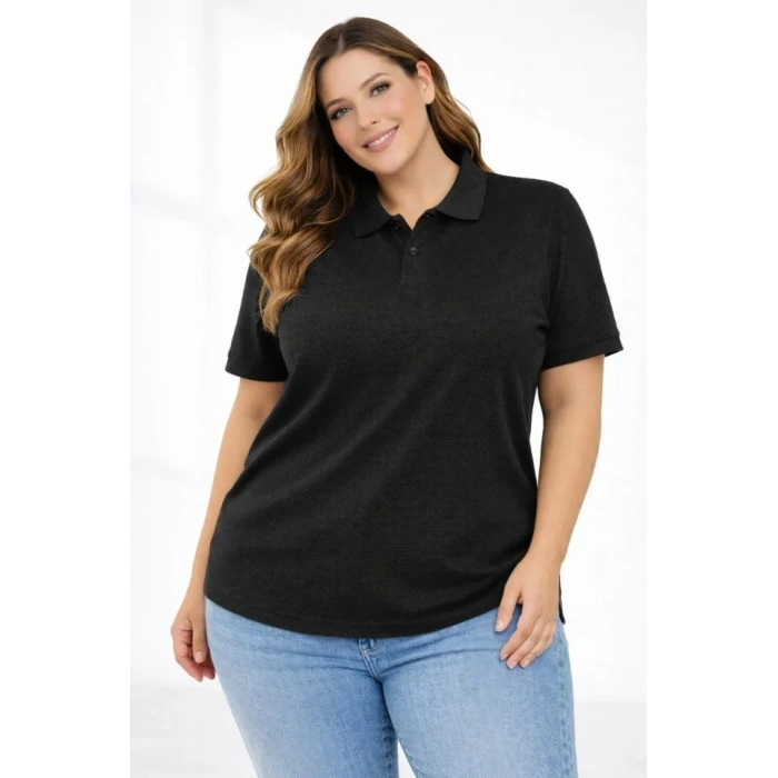 Pike Kumaş Düğmeli Yaka Battal Büyük Beden Günlük Kısa Kol Tişört T-shirt - Siyah
