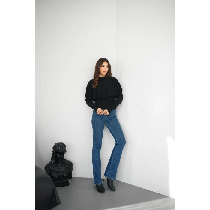 Piliseli Pelerin Detaylı Triko Bluz - Ekru