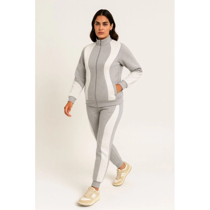 Premium Parçalı Eşofman Takım - Dik Yaka Fermuarlı Sweatshirt - Gri