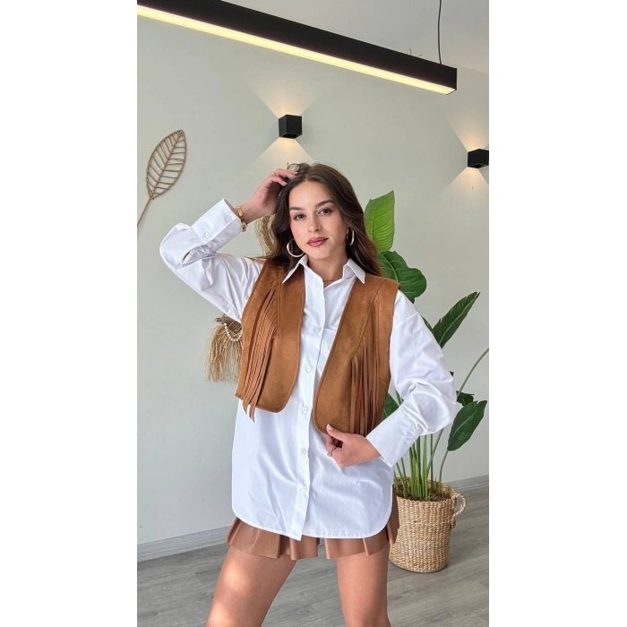 Püskül Detaylı Modern Yelek – Güçlü ve Özgür Stil-Taba - Taba