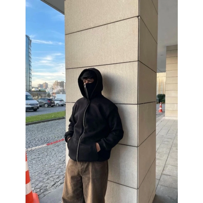 Samuray Ninja Çift Kapşonlu ZIP Fermuarlı Kanguru Çepli Tam Fermuarlı Hoodie Swetshirt - Siyah