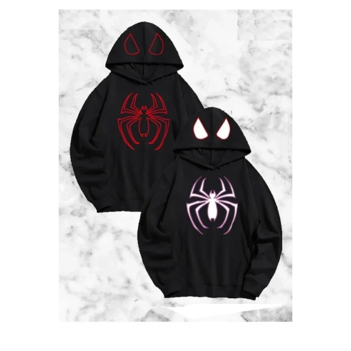 Sevgili Çift Kombini Örümcek Baskılı Kapüşonlu Sweatshirt Hoodie - Siyah