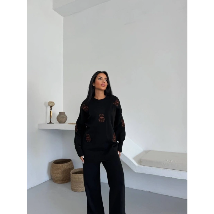 Siyah Ayıcık Desenli Oversize Triko Takım - Siyah