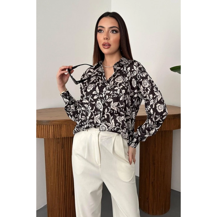 Siyah Desenli Oversize Viskon Gömlek - Siyah
